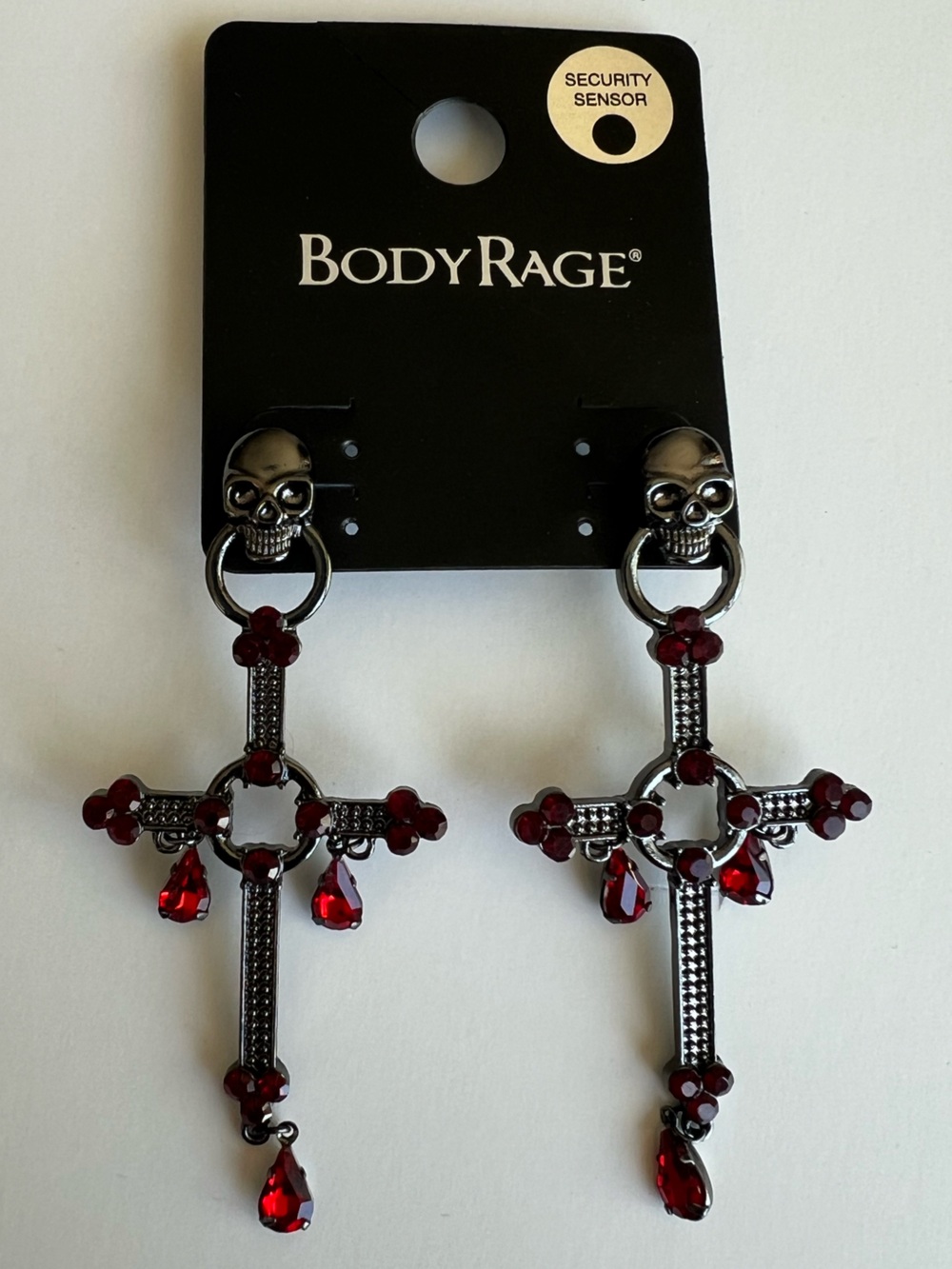 BodyRage Skull & Cross Red Crystal Dangle Earrings NWT